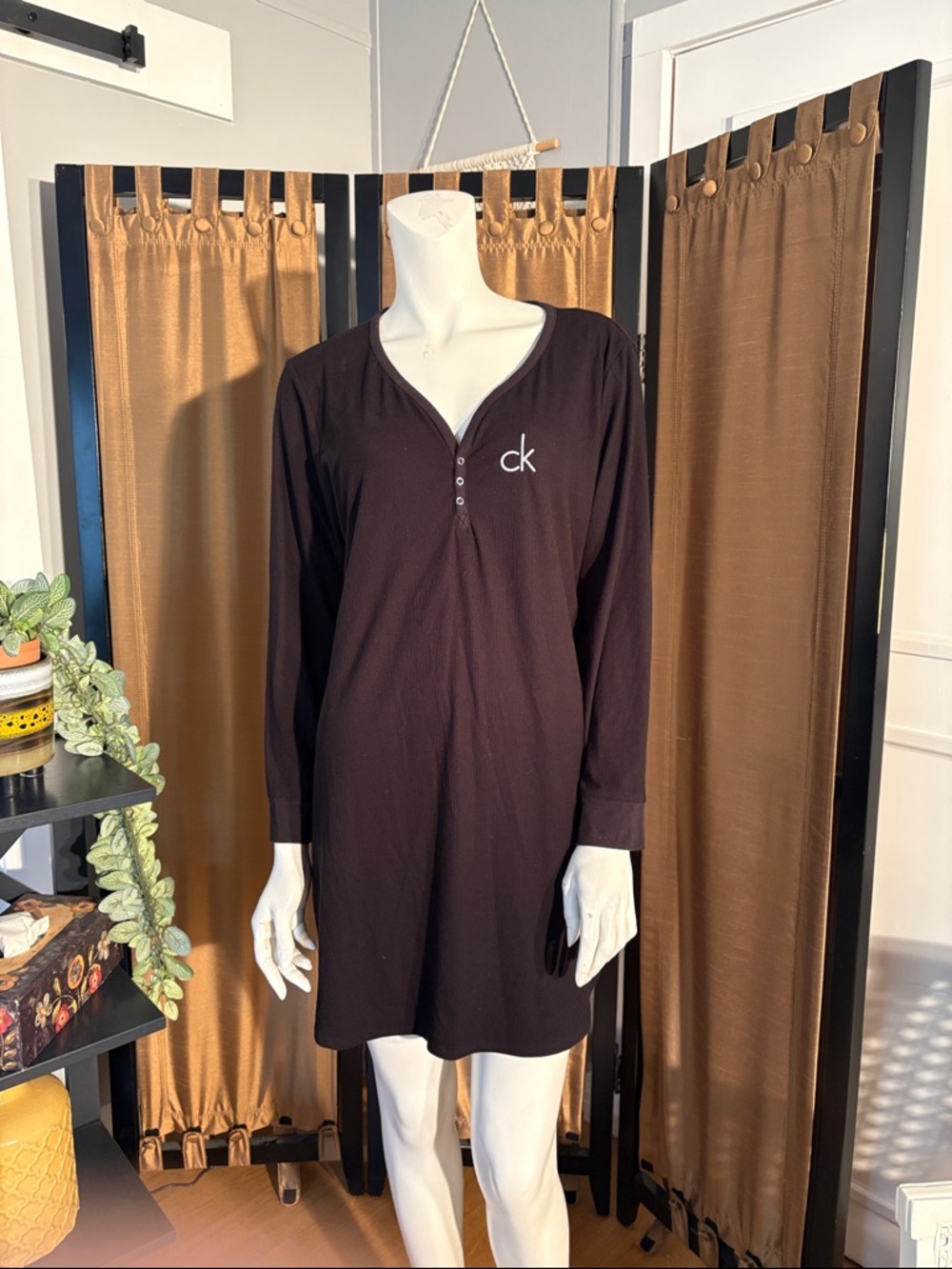 Calvin Klein Black Long-Sleeve Henley Nightdress